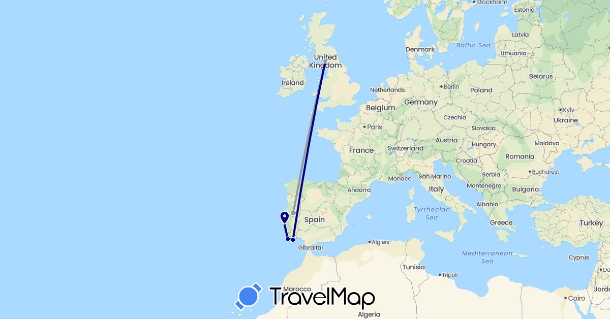 TravelMap itinerary: driving, plane in United Kingdom, Portugal (Europe)